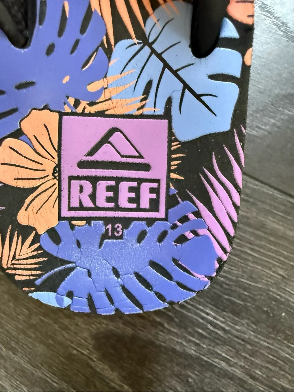 Reef Kids Black-Strap Flip Flops with Purple & Peach Floral Print